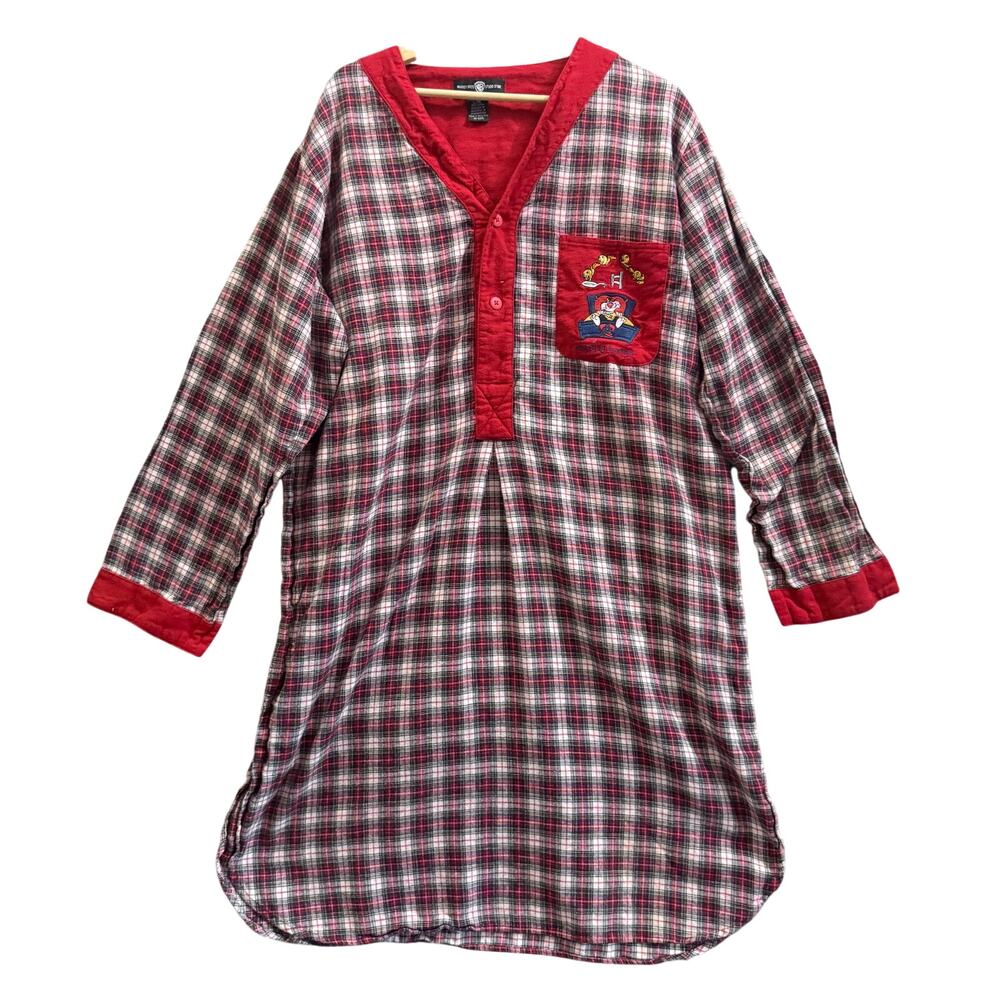 Vintage Looney Tunes Sleep Shirt Flannel Red Plaid Christmas Nightgown L XL